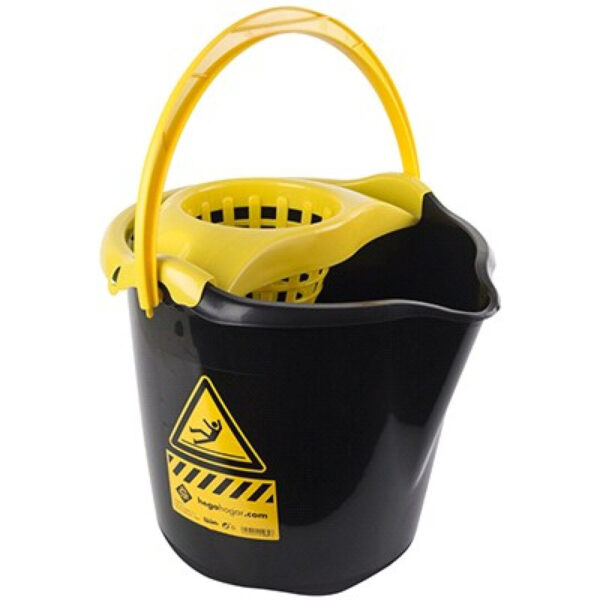 1x Huishoudemmers met dweil houder 13,5 liter zwart/geel caution 32 x 30 cm -